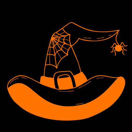 Magic witch hat. Wizardry. Hat with cobweb and spider Halloween holiday. Vector illustration. Hand drawing in doodle style.のイラスト素材