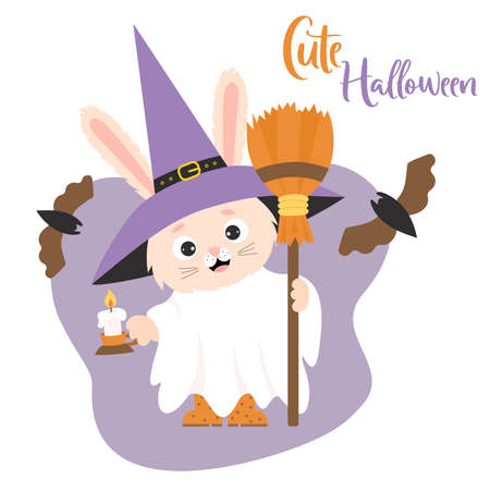 Cute Halloween poster. Funny rabbit ghost in witch hat with candle and broom and bats. vector illustration. Festive halloween bunny character for design, print, cards, covers, decor, kids collectionのイラスト素材