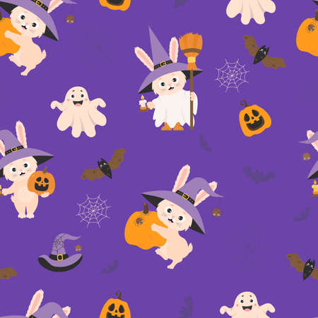 Halloween seamless pattern. Cute rabbit in witch hat with broom, Pumpkin Jack and funny ghost on purple background with bats and cobweb. vector illustration. Cute halloween background kids collectionのイラスト素材