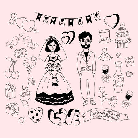wedding doodles. Newlyweds, bride in wedding dress with veil and stylish groom, gifts and wedding rings, cupids arrow, wedding cake, heart and couple of birds. Isolated vector linear hand drawingsのイラスト素材