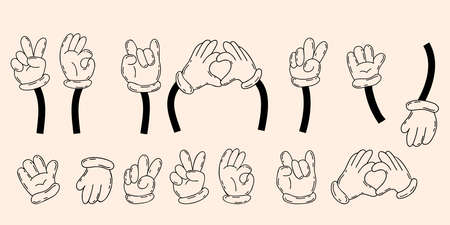 Set comic hands in gloves, gestures - heart, ok, hello, two fingers. vector illustration. Linear hand drawn doodle. Outline decorative element for design and decor, printのイラスト素材