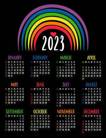 Calendar 2023 with LGBTQ Symbol with rainbow. LGBT flag Rainbow colors. vector illustration. Vertical template for 12 months in English on black background. week on Sunday. Stationery, print, decorのイラスト素材