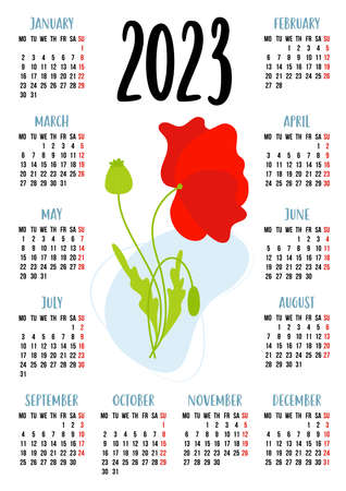 Calendar for 2023 with beautiful red poppy flower. vector illustration. Vertical calendar template for 12 months in English. Week starts on Monday. Stationery, printing, organizer, decorのイラスト素材