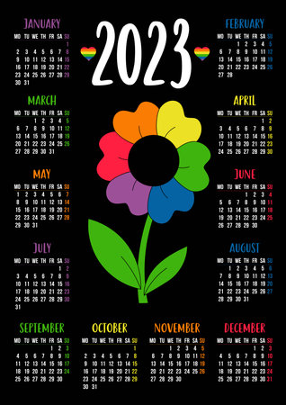 Calendar for 2023 with LGBTQ Symbol flower with rainbow petals. LGBT flag Rainbow colors. vector illustration. Vertical template for 12 months English. week starts on Monday. Stationery, print, decorのイラスト素材