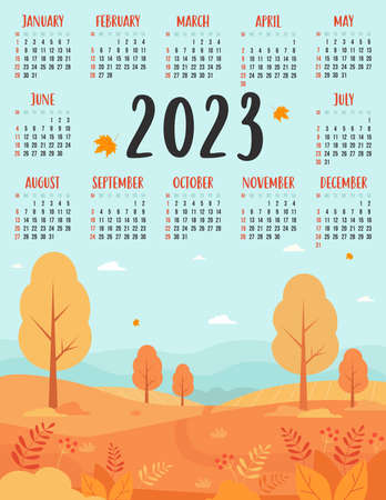 Calendar for 2023 with beautiful autumn nature landscape, yellow trees with autumn leaves. vector illustration. Vertical calendar template for 12 months in English. week starts on Sunday. stationeryのイラスト素材