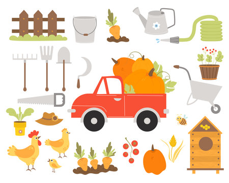 Farming big collection. Pumpkin truck, garden tools, rooster and hen, beehive and bee, carrot patch, wooden fence, straw hat and pumpkin, tomatoes and grains. vector illustration. isolated elementsのイラスト素材