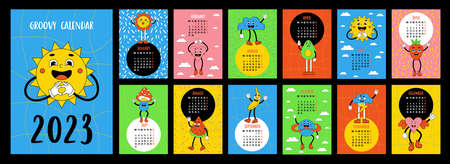 Retro calendar template 2023 with groovy style. Cartoon funny comic characters flower power, sun, heart with gloved hands and feet. Vector. Vertical set 12 pages and cover. English. Week from Mondayのイラスト素材