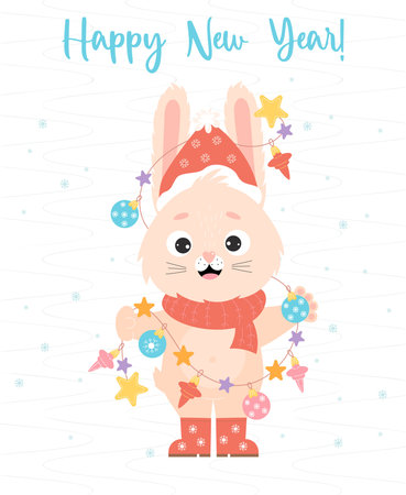 Greeting card with symbol of 2023 year cute bunny character with garland and santa hat. Happy New Year. 2023 Year of the Rabbit to eastern horoscope. vector illustrationのイラスト素材