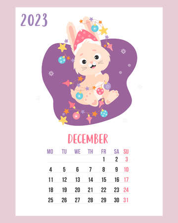 December 2023 calendar. Cute bunny in santa hat with garland and christmas balls. vector illustration. vertical template. Week from Monday In English. rabbit is symbol 2023 year to Chinese zodiacのイラスト素材