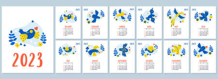 Calendar template for 2023 with decorative yellow-blue birds of happiness with hearts and flowers. Vertical set of 12 pages and cover in English. vector illustration. Week from Sunday. stationeryのイラスト素材