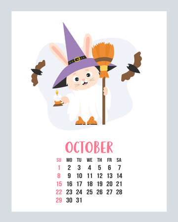 October 2023 calendar. Cute bunny Halloween ghost in witch hat, with broom, candle and bats. Vector illustration. Vertical Template. Week from sunday In English. rabbit is symbol 2023 year.のイラスト素材