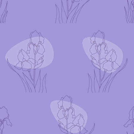 Floral seamless pattern with iris flower on purple background. Linear hand drawn of iris flower. Vector illustration. Botanical pattern for decor, design, packaging, print, textile, digital paper.のイラスト素材