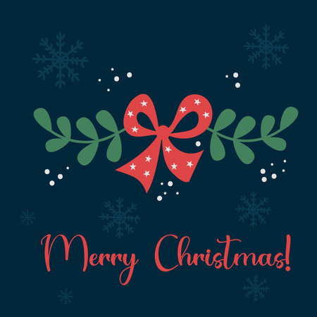 Merry christmas greeting card. vector illustration. Winter theme postcard template. red bow with branches and snowflakes on blue backgroundのイラスト素材