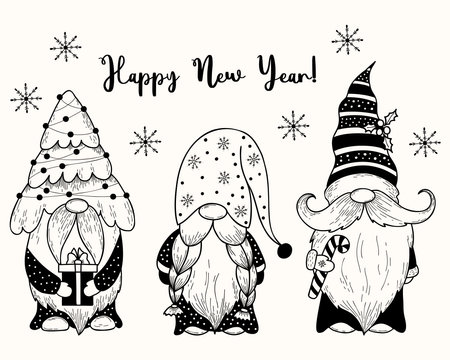 Cute christmas scandinavian gnomes. New year gnome with christmas tree, gift and caramel stick. vector illustration. hand drawing doodle. Isolated characters for design, decor, greeting cards, printのイラスト素材