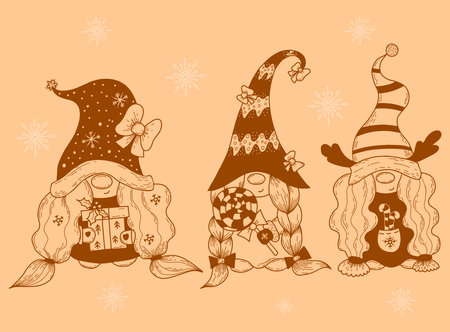Collection Christmas scandinavian girls gnomes. New year character gnome with gift, candy cane, deer antlers and lollipop. Vector illustration. Decorative hand drawing. Isolated characters gnomes.のイラスト素材