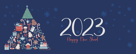 2023 Happy New Year. Horizontal banner with Christmas tree from traditional symbols and festive...