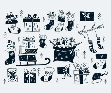 Collection Christmas decor. Christmas sock and gifts with mistletoe, sleigh with boxes and santa hat. Vector illustration in doodle hand drawn style. Isolated elements for new year decor and design.のイラスト素材