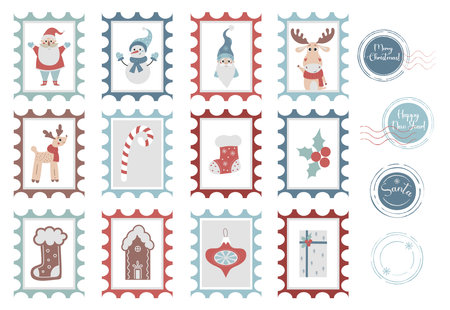 Big set of cute Christmas postmarks and New Years stamps for envelope. Mail Santa Claus. Vector illustration collection for decoration of Christmas cards and gifts.のイラスト素材