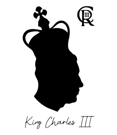 London, UK. September 2022. New king Charles III. Black Silhouette of British monarch in crown. Head side view profile silhouette prince of Wales. Vector illustration.のイラスト素材