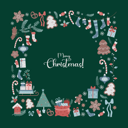 Merry Christmas greeting card with hand drawn decorative elements new year traditional holiday symbols. vector illustration. Festive design for greeting card, invitation, cover, design, decor etc.のイラスト素材