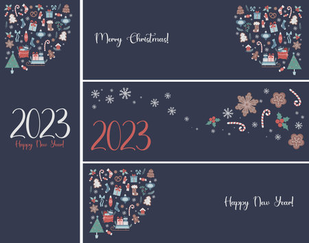 Collection banner 2023 Happy New Year and Merry Christmas with Christmas traditional festive symbols on blue background. Vector illustration. Horizontal and vertical Modern Greetings card template.のイラスト素材
