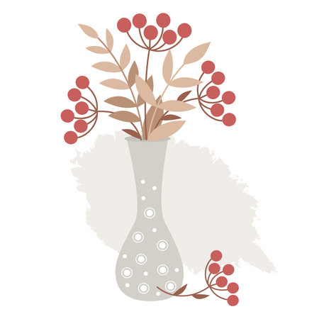 Vase with bouquet of red berries and leaves. Bunch of rowan and autumn branches with leaves. vector illustration. For postcards, design, decoration, covers, cozy themes of autumn and winter decorのイラスト素材