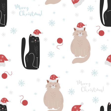 Christmas seamless pattern. New Years cute animals cats in Santas hat on white background with ball of thread and snowflakes. Vector Christmas ornament for decor, design, kids collectionのイラスト素材