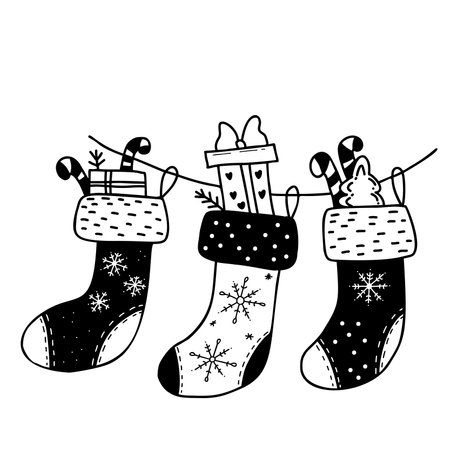Christmas stockings with gifts. Vector hand drawing in doodle style. For holiday decor, design, decoration and printingのイラスト素材