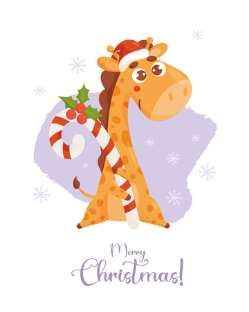 Christmas card with cute giraffe santa with caramel stick candy and inscription Merry Christmas. vector illustration. Template for design of your holiday cards, printing and decor, kids collectionのイラスト素材
