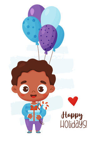 Cute black ethnic boy with gift, caramel and balloons and inscription happy holiday. Vector illustration guy in cartoon style for card design, decor, print and kids collectionのイラスト素材