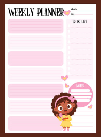Weekly girly planner, to do list, notes with cute smiling dark-skinned girl. Vector vertical template in pink color. Sheet for printing, design, decor, kids collection, stationery.のイラスト素材