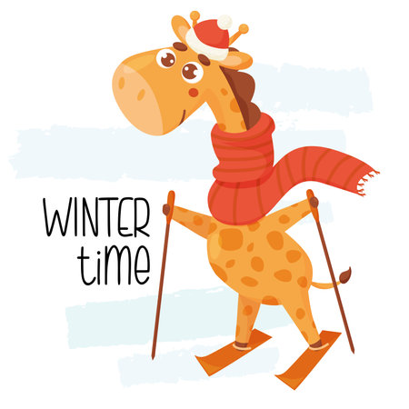 Cool postcard with skiing cute winter giraffe and inscription winter time. Vector illustration. Template for design of your cards, printing, decor, covers and kids collection.のイラスト素材