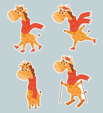 Collection stickers with winter giraffes. Cute animal skating, skiing, winter sports. vector illustration. Funny character giraffe in cartoon style for design, printing, decor and kids collectionのイラスト素材