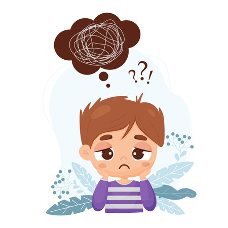 Sad pensive boy and bubble with confused thoughts and questions, search for an answer. Vector illustration in cartoon style. Psychological concept thinking, depression, thoughts, doubts, longingのイラスト素材
