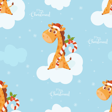 Merry Christmas seamless pattern. Cute giraffe with caramel candy to cloud on blue background. vector illustration. New Years ornament with cute animal for design, print, wallpaper, kids collectionのイラスト素材