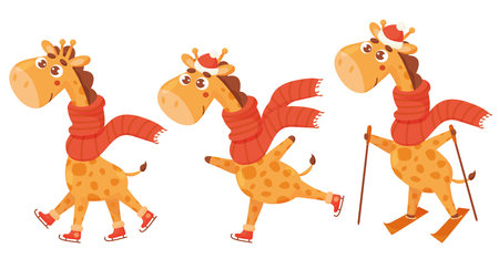 Collection winter giraffes. Cute animal skating, skiing, winter sports. vector illustration. Funny character giraffe in cartoon style for design of your cards, printing, decor and kids collectionのイラスト素材