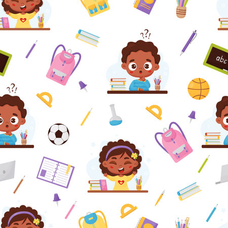 Seamless pattern back to school. Cute dark-skinned schoolchildren, thoughtful boy and happy girl, school education items and stationery in cartoon style on white background. vector illustrationのイラスト素材