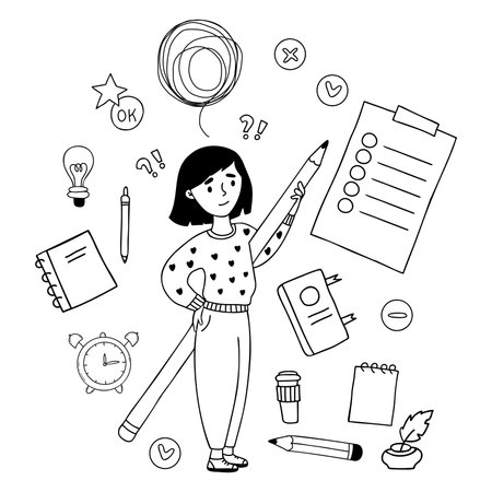 Vector educational doodles. Cute girl with large pencil, tangled thoughts bubble, to-do list, stationery, notebook, pen and book. Isolated linear hand drawings for design of educational topicsのイラスト素材