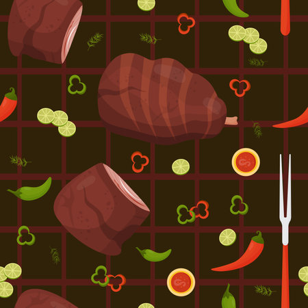 Seamless pattern with barbecue meat. Grilled beef and fried pork leg with sauce, chili and lime on dark background. Grilled latin american popular meat food. Vector illustration.のイラスト素材