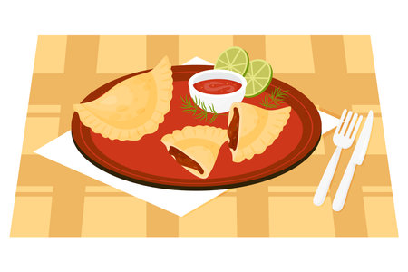 Traditional popular mexican food. Mexican Empanadas whole and broken with stuffing in half on plate with sauce and lime slices. Vector illustration of Latin American national dish in flat style.のイラスト素材