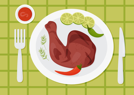 Mexican food Grilled Achiote Chicken. Yucatan style marinated chicken leg with achiote on plate with chili peppers and lime. view from above. Vector illustration of Latin American national dishのイラスト素材