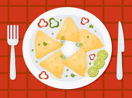 Traditional Mexican Quesadilla. Popular Mexican tortillas on plate with sauce, fork and knife. view from above. Vector illustration of Latin American national dish in cartoon styleのイラスト素材