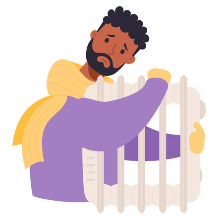Sad bearded ethnic man in scarf and mittens, freezes and warms himself near battery. vector illustration. Season cold, suffering from low degrees temperature and room heat heatingのイラスト素材