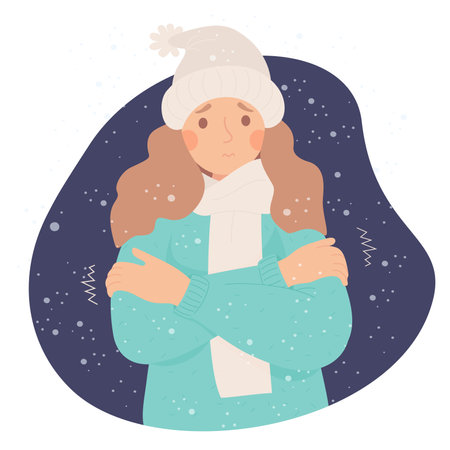 Unhappy girl freezing wearing and shivering under snow. Cartoon flat vector illustration. Winter season and suffering from low minus degrees temperatureのイラスト素材