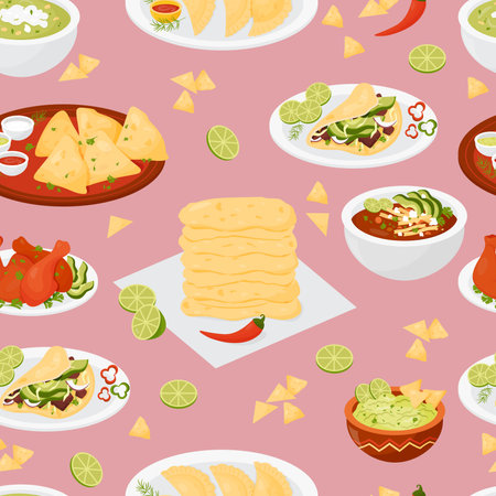 Seamless pattern with Mexican traditional food on magenta background. vector illustration. Endless background with national latin american cuisineのイラスト素材