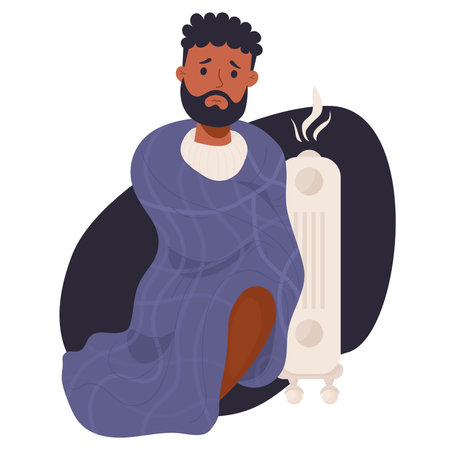 Sad bearded dark-skinned man wrapped in blanket is freezing and basking near hot radiator. vector illustration. Concept season cold, suffering from low degrees temperature and room heat heatingのイラスト素材