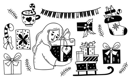 Collection happy woman with gifts, sleigh, christmas boot, dessert cup, garland and holiday boxes. Vector isolated drawings doodle. female character for design of holiday themes, New Year decoratedのイラスト素材