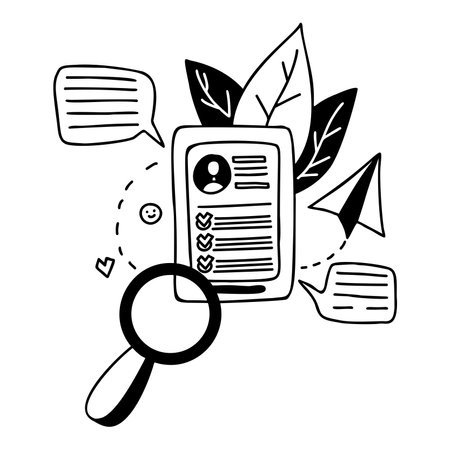 job search. Consideration of resume, candidates document and online interview. Vector illustration in doodle style. Concept of modern job search onlineのイラスト素材