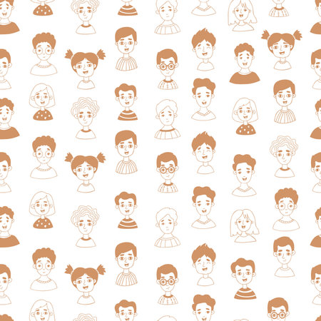 Seamless pattern with doodle portraits cute smiling girls and boys on white background. Vector...