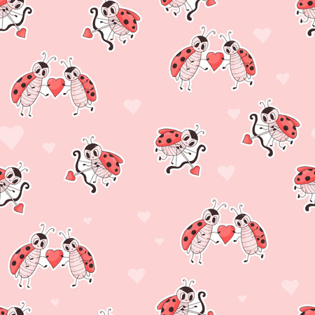 Seamless pattern with cute ladybugs. Cupid insect with an arrow and couple in love with heart on pink background. vector illustration. romantic endless valentine backgroundのイラスト素材